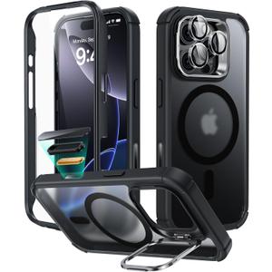 ESR for iPhone 16 Pro Case with Stand, Camera Control Button Compatible with MagSafe, Full-Body Military-Grade Drop Proof Case with Built-in 9H+ Tempered Glass Screen Protector, Frosted Black