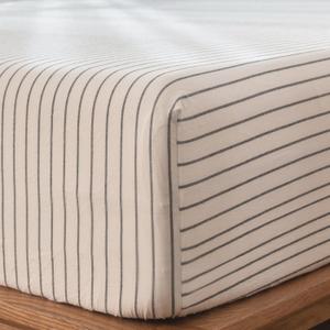 MooMee Fitted Bottom Sheet Only 100% Washed Cotton Linen Like Textured Breathable Durable Soft Comfy Deep Pocket Fits Mattress up to 17" (White Dark Grey Wide Stripes, Queen)