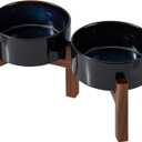 Ceramic 6.1inch Raised Double Dog Bowls Set with Acacia Wood Stand, 2 Heights Elevated, Food & Water Bowls for Small Dogs(28.2oz, Starry Sky) (3.4 CUPS)