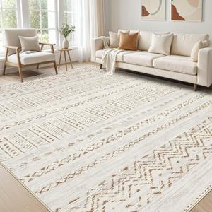 Large Living Room Area Rug 10x12: Soft Machine Washable Boho Moroccan Farmhouse Rugs for Bedroom Under Dining Table - Non-Slip Neutral Morden Rug Carpet for Home Office Decor - Brown/Cream