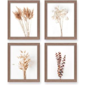 heilkee Boho Wall Art Pampas Grass Decor Fall Farmhouse Decorations Botanical Prints Beige Room Aesthetic Neutral Bathroom Kitchen Bedroom Set of 4(Brown Framed, 8x10in)