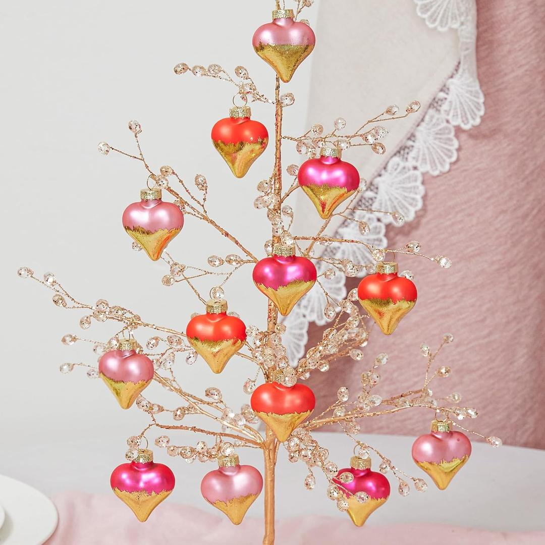 DN DECONATION 12Pcs Heart Shaped Ornaments, Glass Valentines Day Ornaments, Pink Gold Heart Baubles, Valentine's Day Christmas Mini Decoration for Tree, Outdoor Wedding Anniversary Party