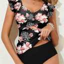 Aleumdr Two Piece Tankini Swimsuits for Women Cutout Tummy Control Bathing Suit Ruffled V Neck Tank Tops with Bottom (Black, XL)