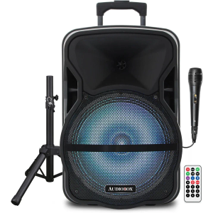 ABX-12S 12" Portable Bluetooth PA Speaker w/Stand & Mic, USB, TF, FM, AUX, 1/4" Mic Jack, Rechargeable Battery, Trolley Handle & Wheels, Perfect for DJ, Parties, & Events