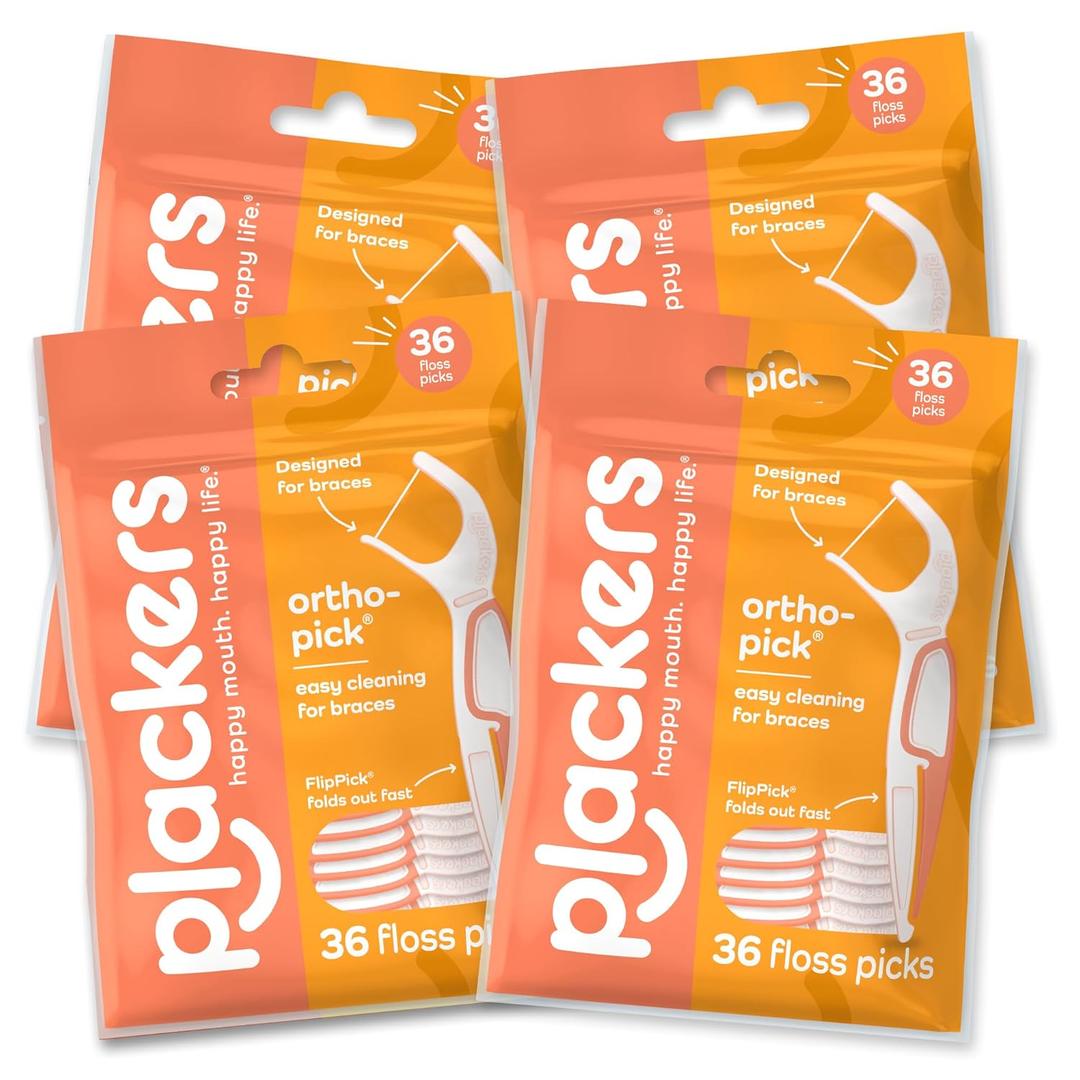 Plackers OrthoPick Floss Picks Designed for Braces, Tuffloss Made Without PTFE, FlipPick Clean Between Brackets, 36 Count (4 Pack)