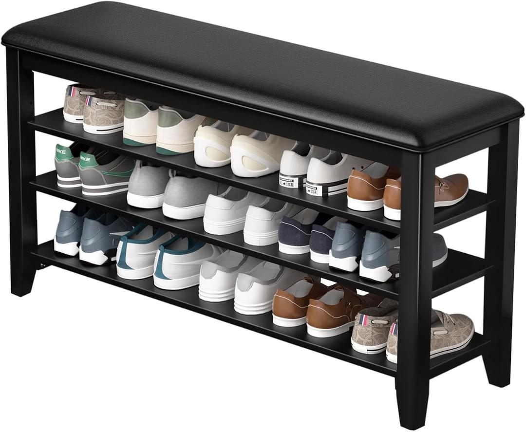 Shoe Rack Bench Entryway Storage with Leather Cushion, Shoe Organizer Bench for Entryway, Ideal for Front Doors Entrances Hallway Mudroom Featuring Rubberwood And 3 Height-Adjustable Removable Shelve, 39.4"
