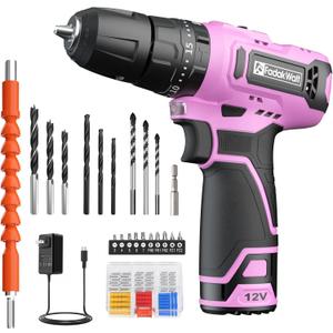 12V Cordless Drill Set with LED Light, 118-Piece Pink Home Tool Kit, Electric Drill Driver with 180 Inch-Pounds Torque (pink-1)
