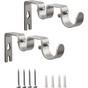 Shonmogar Double Curtain Rod Bracket,2 Pack Metal Curtain Rod Holders for Wall,Sturdy Curtain Rod Brackets for 1 Inch Curtain Rod,Silver Wall Mounted Curtain Rod Hooks for Bedroom Living Room Patio