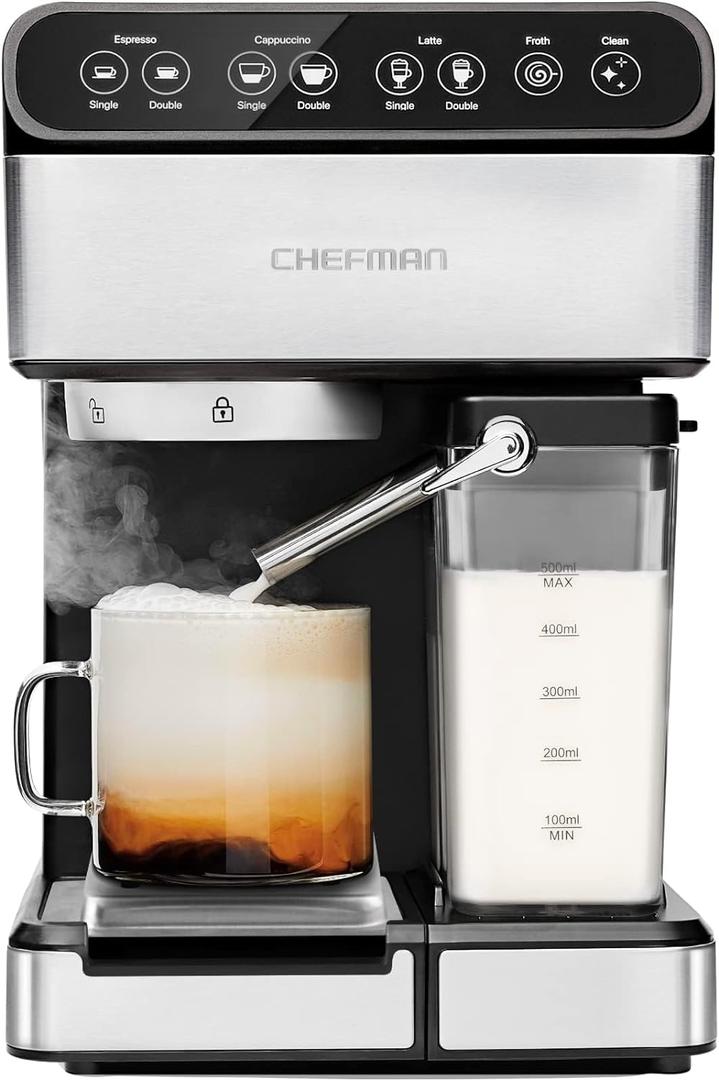 Chefman 6-in-1 Espresso Machine with Built-In Milk Frother, 15-BAR Pump, Digital Display, One-Touch Single or Double Shot for Cappuccinos and Lattes, XL 1.8-L Water Reservoir, Stainless Steel (Stainless - Built-in Milk Forther)