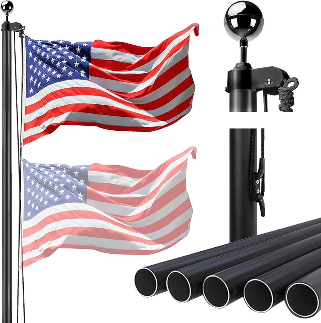 20FT Sectional Flag Pole Kit Aluminum In Ground Outdoor Flag Pole with 3x5 American Flag & Black Ball Topper, Flag Pole Kit for Yard, Residential and Commercial, Black