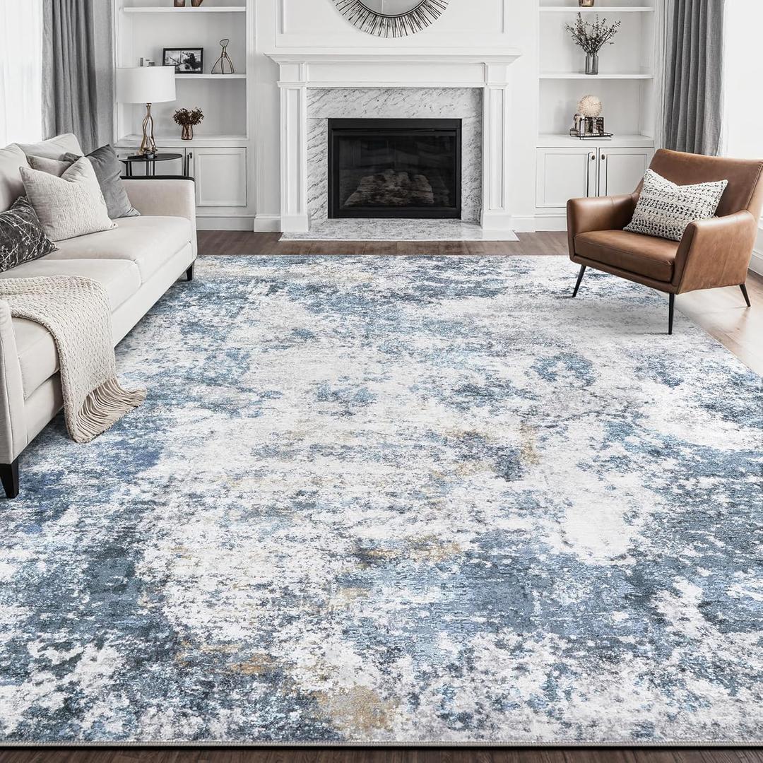 Living Room Area Rugs - 10x14 Abstract Large Soft Indoor Washable Rug Neutral Modern Low Pile Carpet for Bedroom Dining Room Farmhouse Home Office - Blue