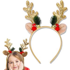 3 x Reindeer Antlers Headband Christmas Hairbands With Gold Glitter Elk Antlers Bell Design