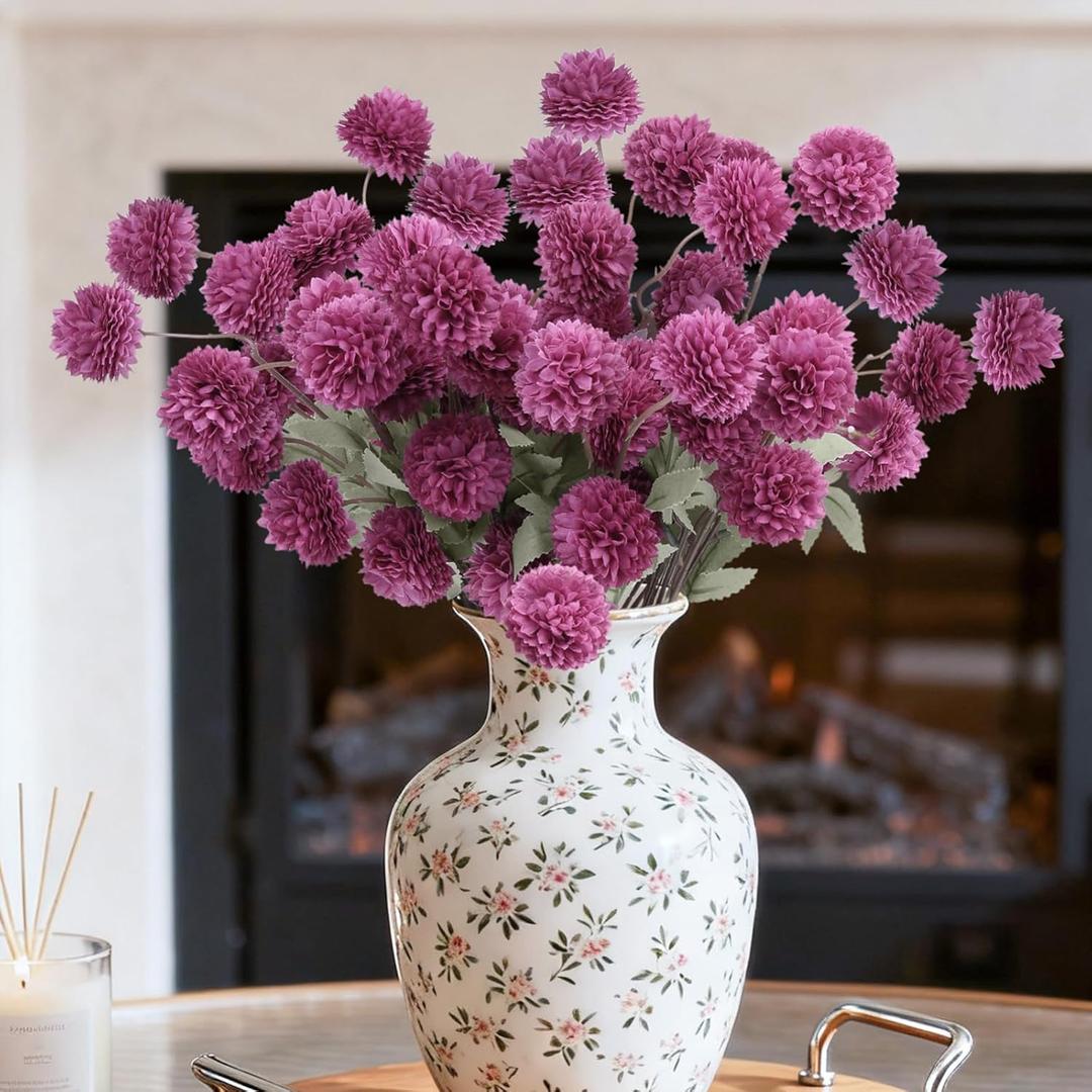 INQCMY Artificial Flowers 12pcs Ball Chrysanthemums for Weddings Silk with Stemsdiy Champagne Bouquets Indoor and Outdoor Decoration Kitchen Table Decor (Deep Purple)