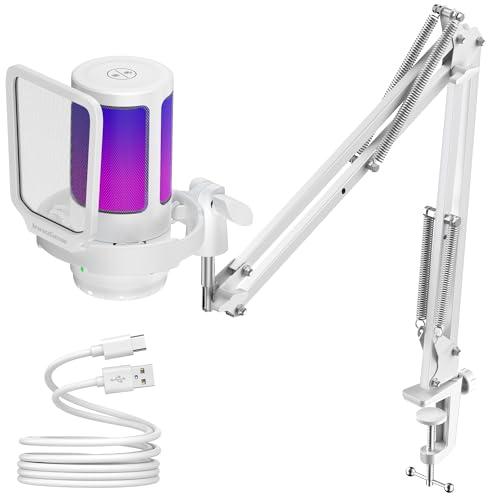 InnoGear Gaming USB Microphone, Noise Cancellation Condenser Mic with Mute, Gain, RGB Indicator, Boom Arm Stand for Streaming, Podcast, Twitch, YouTube, Discord, PC, Computer, PS4, PS5, Mac, White