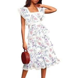 Womens Summer Ruffle Maxi Dress Tiered Chiffon Wedding Guest Cocktail Dress (White, L)