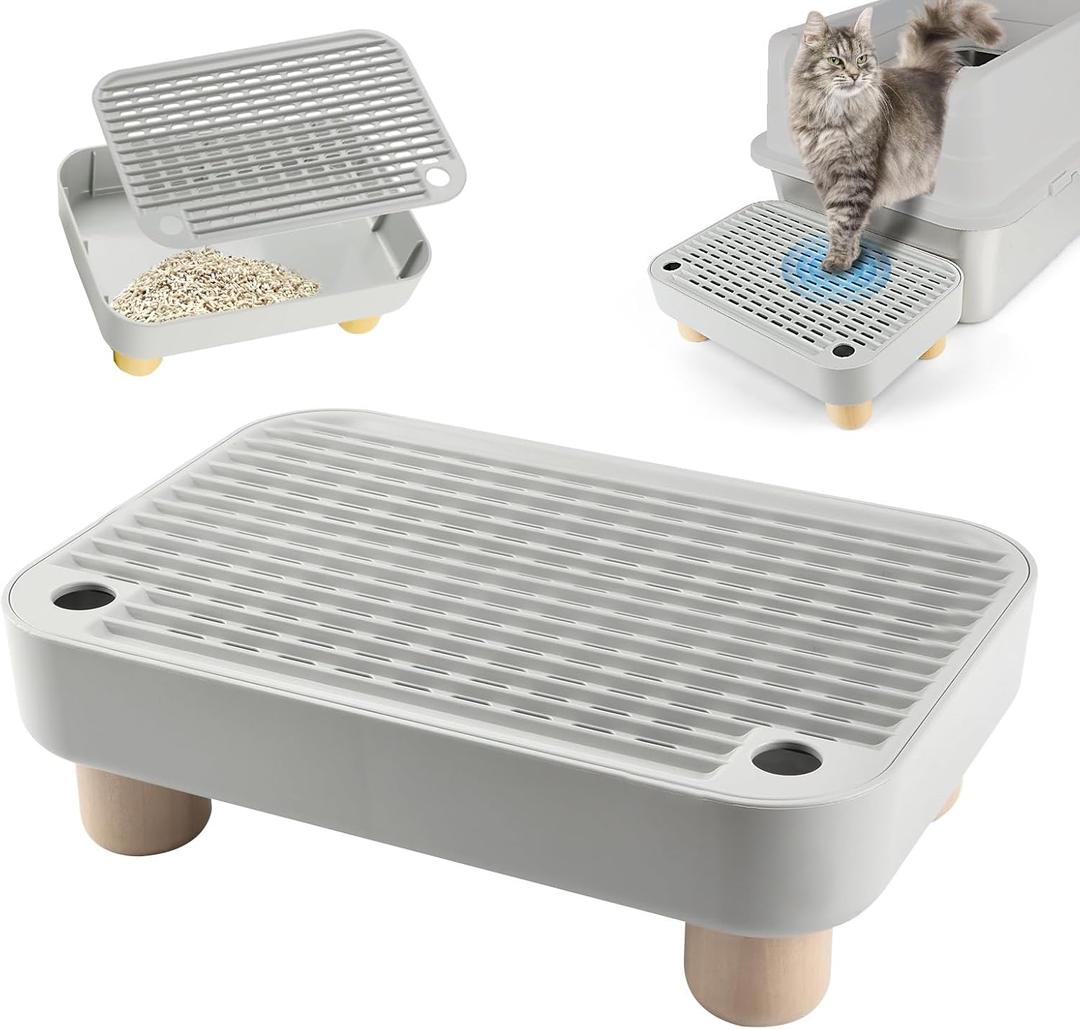 Litter Box Ramp, Cat Steps/Stair for Litter Box, Litter Catcher with Filter Function and Non-Slip Rubber Feet, Suitable for Small and Elderly Cats (Light Grey with Wooden Base)