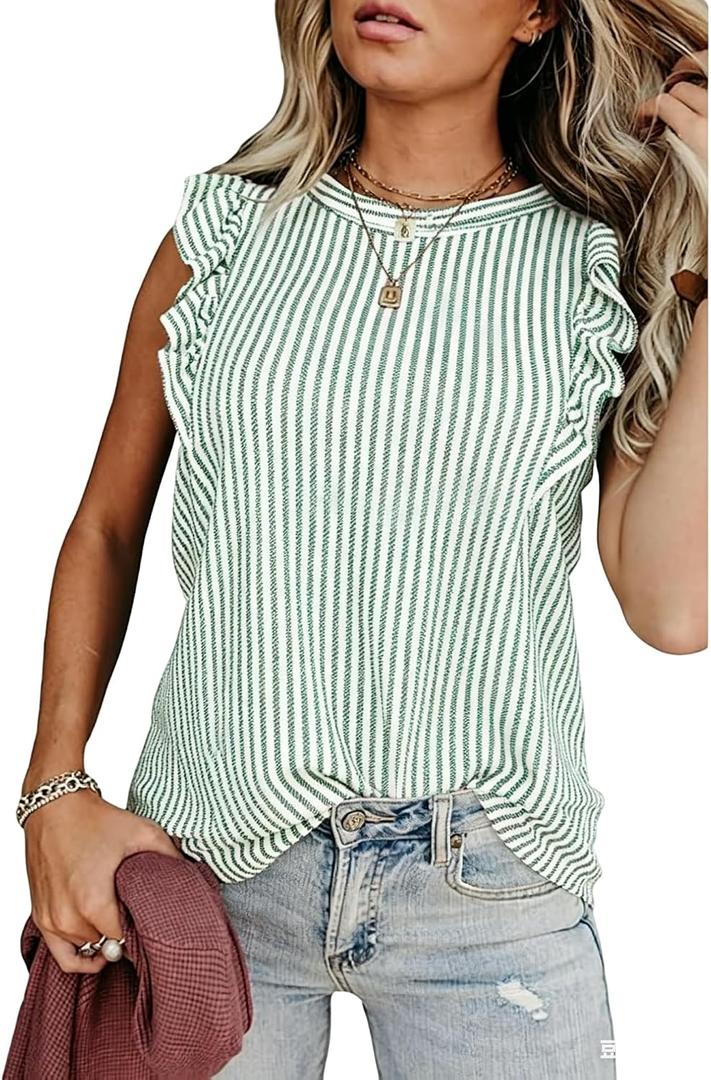 Melliflo Womens Ruffle Short Sleeve Crewneck Striped Shirt Casual Blouses Business Work Tops Summer Outfits Tank Tops (Green, XL)