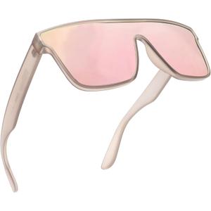 GLINDAR Oversized Square Polarized Sunglasses for Men Women, One Piece Shield Shades UV400 Protection (Grey Frame / Polarized Mirror Pink Lens)