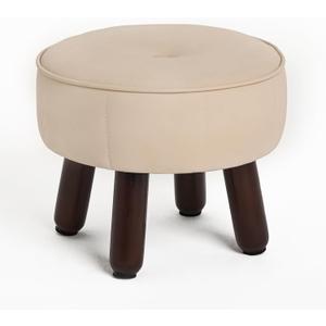 13in Small Foot Stool Ottoman, Round Faux Leather Foot Rest for Couch, Under Desk Pouf Footstool Footrest with Non-Skid Rubber Legs for Ling Room, Bedroom, 13''L x 13''W x 10.2''H, Beige