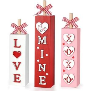 3Pcs Valentine's Day Table Decorations for Home Indoor Wooden Valentine Table Centerpiece Block Sign Wood Love Tiered Tray Tabletop Decor for Office Desk Shelf Wedding Anniversary Party Supplies Heart