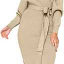 CHERFLY Women's V Neck Sweater Dresses Batwing Long Sleeve Backless Bodycon Long Dress with Belt (Large, Deep Apricot)