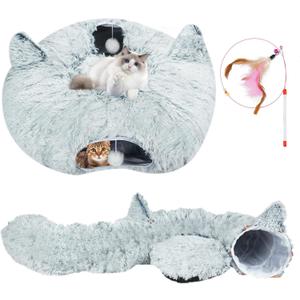 Plush Feline Tunnel Bed with Central Cushion - Indoor Cat Tunnels - Donut-Shaped Cat Bed with Anti-Slip Base - Spacious Cat Tunnel Hideaway for Kittens, Rabbits, Puppies, Ferrets