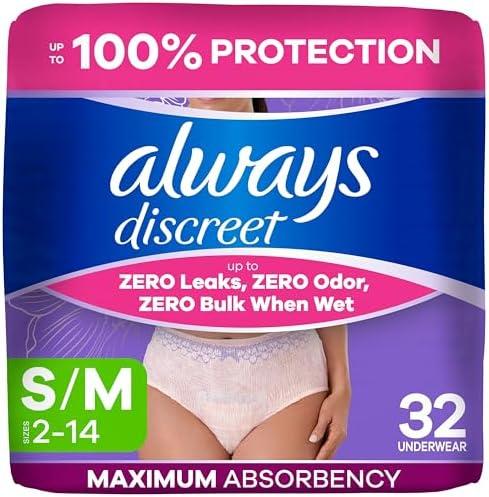 Always Discreet Adult Diapers for Women, Incontinence Underwear, Postpartum Essentials, Disposable Briefs, Max Absorbency, Bladder Leak Protection, Small/Medium, PCS 6