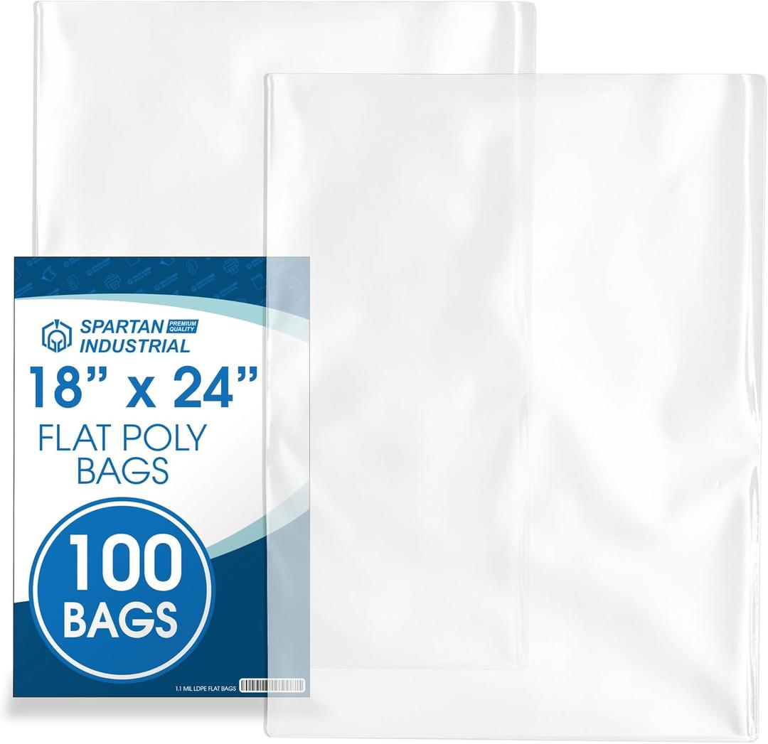 18" X 24" Open-End Flat Clear Poly Bags (100 Count) - 1.1 Mil Clear Plastic Bags for Packaging, Shipping, Storage - No Adhesive Strip - Spartan Industrial