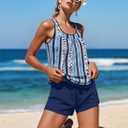 Modlily Classic Two Piece Tankini Swimsuits, Tummy Coverage Bathing Suits, Blouson Tank Top with Board Shorts (Blue, XL)