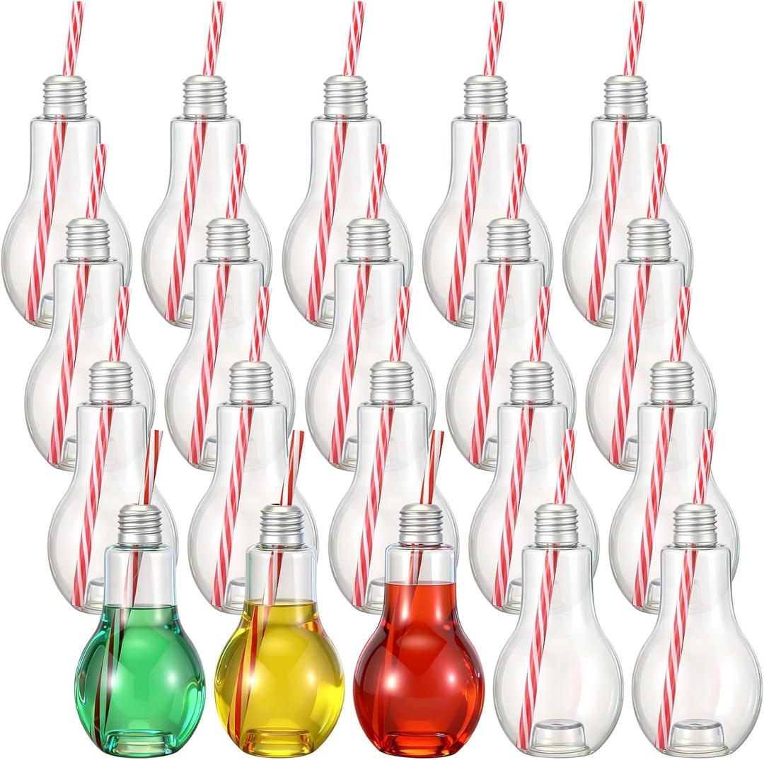Baderke 20 Set Christmas Plastic Lamp Bottles with Straws Set Including Light Bulb Drink Empty Bottles & Straws and Caps for Christmas Party Juice Milk Cup Drink Water Containers