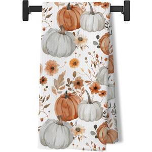 Fall Pumpkin Kitchen Dish Tea Towels, Farmhouse Fall Autumn Floral Pumpkin Harvest Decorative Hand Towels for Bathroom Kitchen, Autumn Bathroom Decor, 16x24 Inch
