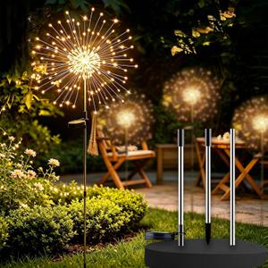 Solar Firework Lights Outdoor, 200 LED Starburst Garden Lights, Adjustable Height 2/3-Rod up to 51in, Stainless Steel, 2 Lighting Modes, IP65 Waterproof Pathway Light for Yard Patio Lawn