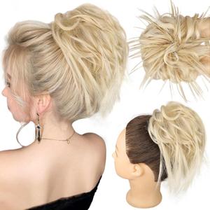 HMD Tousled Updo Messy Bun Hairpiece Hair Extension Ponytail with Elastic Rubber Band Updo Ponytail Hairpiece Synthetic Hair Extensions Scrunchies Ponytail Hairpieces for Women (Honey Blonde & White Blonde)