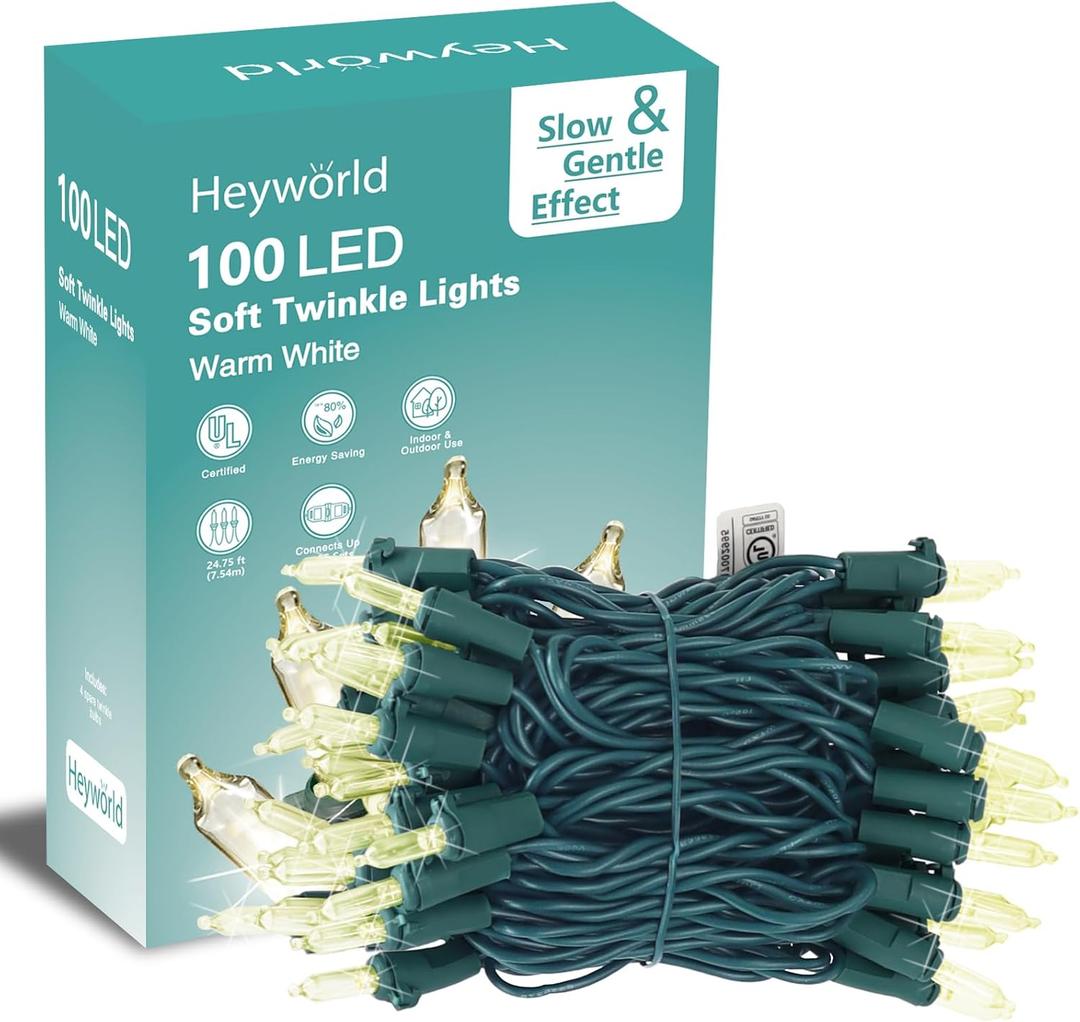 Heyworld Soft Twinkle Lights,100 Led Slow Twinkling Christmas Lights on Green Wire Cord, UL Approved 27 Ft, Connect Up to 25 Sets, Indoor Outdoor Use,Warm White