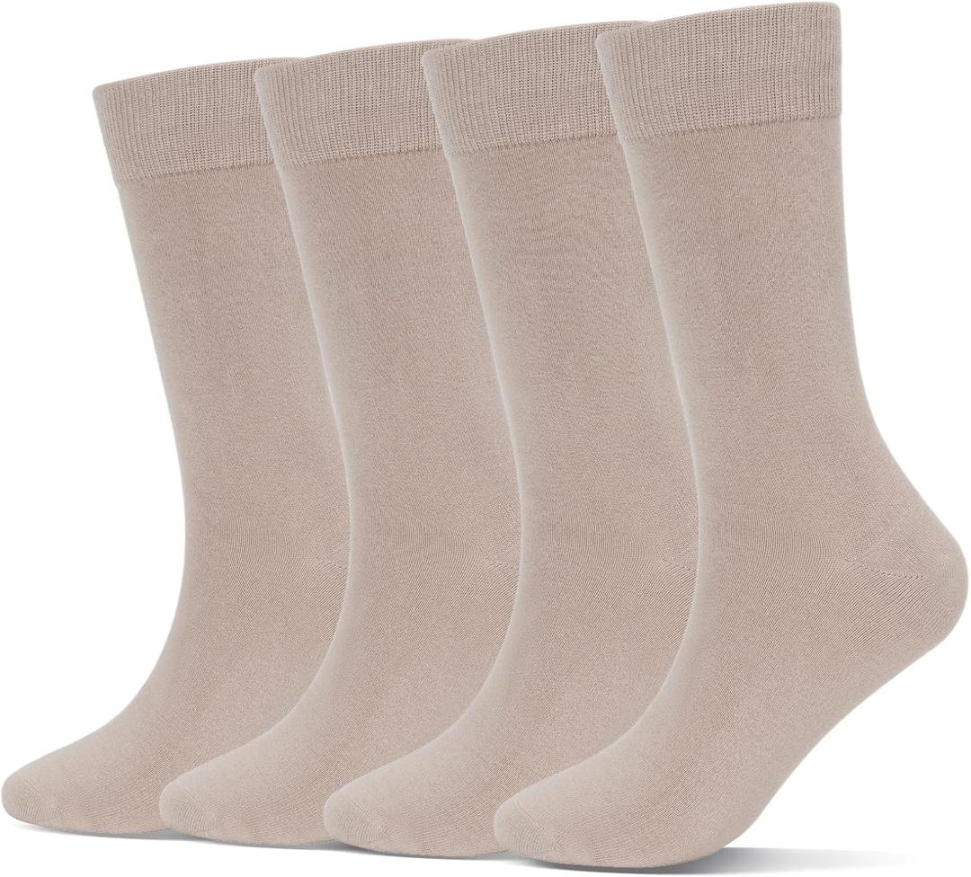 Athlemo Men's Dress Socks 4 Pack Crew Business Casual Sock Moisture Wicking Super Soft, 13-15, Beige