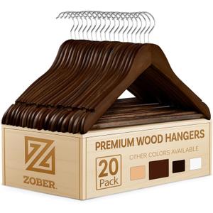 ZOBER Wooden Hangers - 20 Pack, Heavy Duty, Non Slip Wood Hangers for Coats,Suits, Jackets, & Pants - Clothes Hangers for Closet W/Bar and Notches (Vintage)