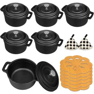 6 Pcs Mini Dutch Oven with Lids and Dual Handles Round Small Iron Cocotte Pot Black Cast Iron Pot for Marinate Bake Refrigerate Cook Grill Garlic Roaster BBQ Stovetop Use (8 oz)