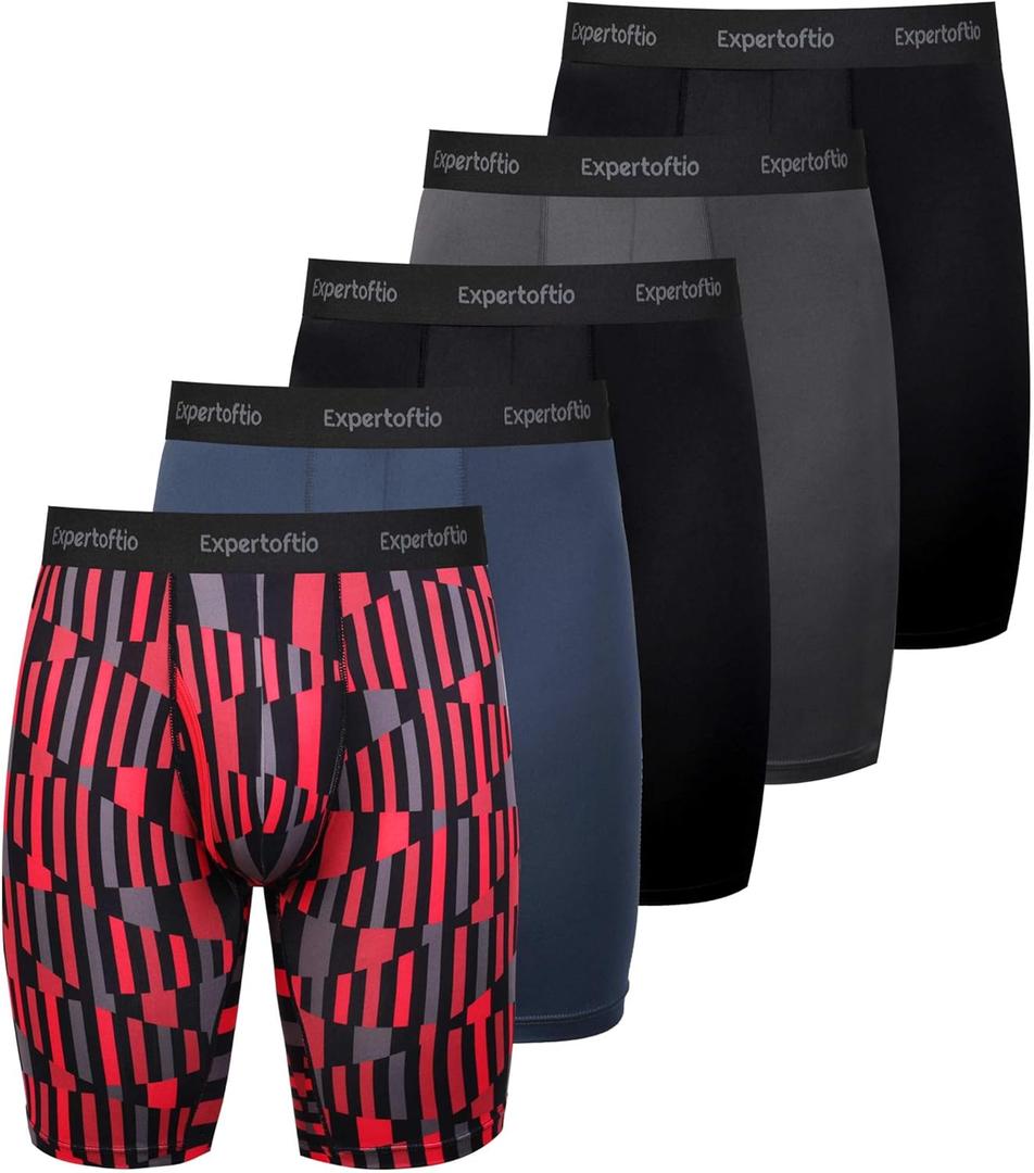 Men's Underwear 9 Inch Long Leg Boxer Briefs for Men, Performance, Moisture Wicking Pack, Anting Chafing, Fly, Size Extra Large (2 Red Pattern/Grey/Black/Blue)