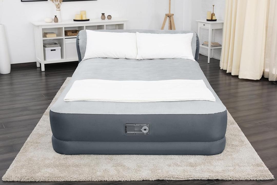 SleepLux Queen Air Mattress with Headboard | Supersoft Snugable Top, Extra Durable Tough Guard | Raised Airbed with Built in Pump + USB Charger (90"x60"x29") Grey