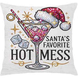 Funny Christmas Martini Bar Decor Pillow Covers 18x18,Santa's Favorite Hot Mess Cocktail Decorative Throw Pillow Covers for Holiday Party Home Bar
