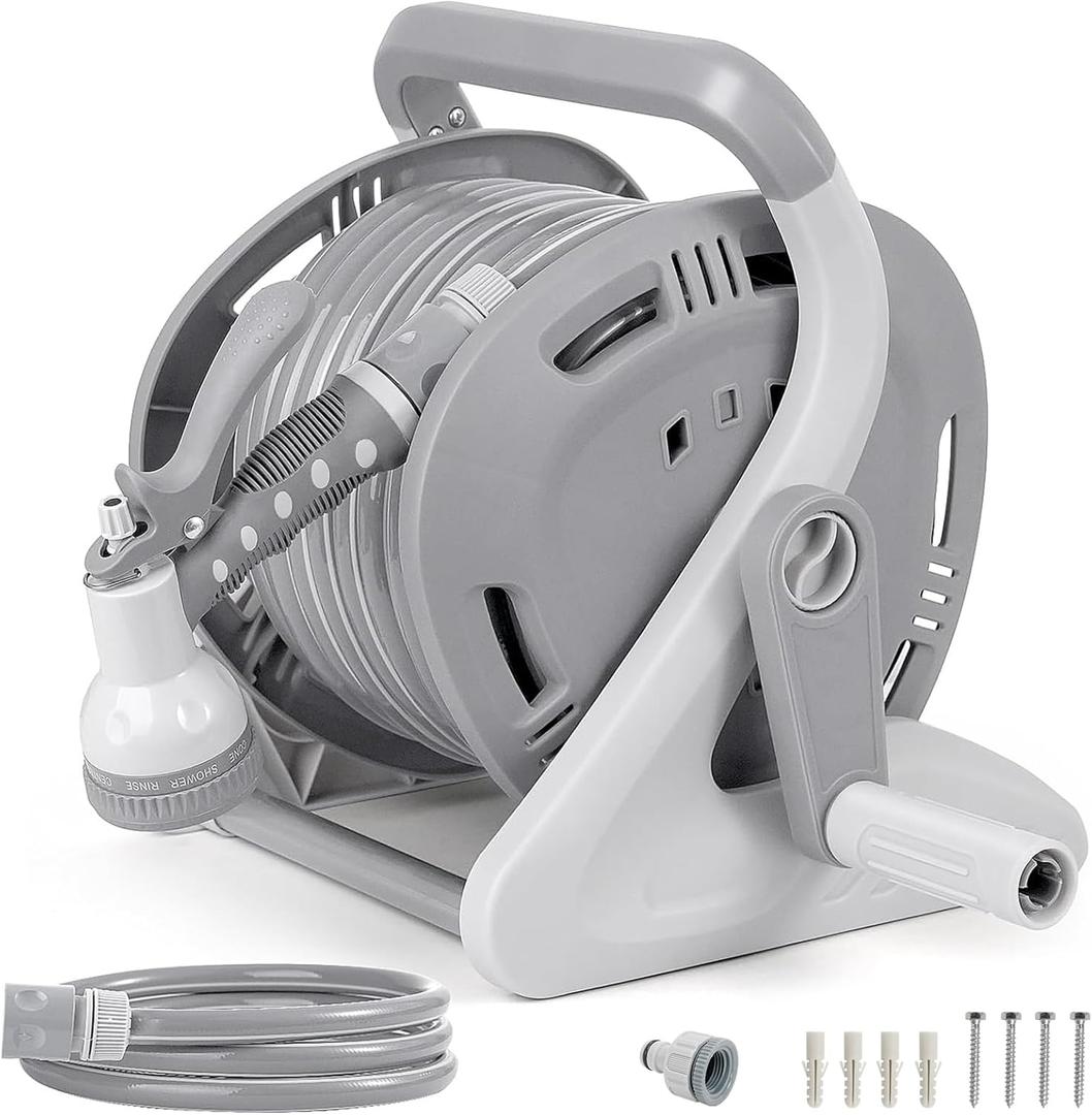 Flora Guard Garden Hose Holder With 1/2 Inch 65Ft Freeze-resistant UV Software, Hose Reels Wall Mount, Removable Hose Reel, 3/4 "Pressure Fitting and 9-Pattern Nozzle, Gray