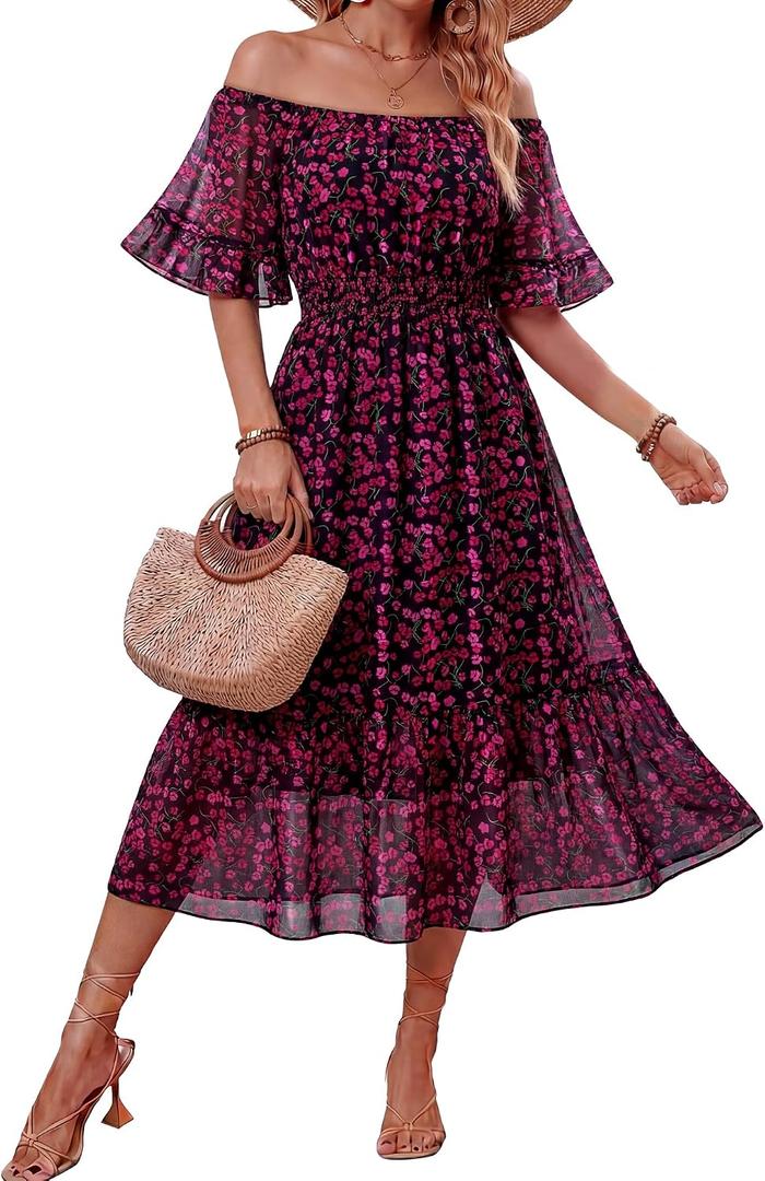 Women's Summer Boho Off Shoulder Midi Dress Ruffle Sleeve Smocked Elastic Waist Flowy Dresses (L)