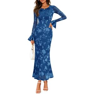 ZESICA Women's 2026 Bell Long Sleeve Floral Maxi Dress Spring Fashion Bodycon Mesh Wedding Guest Cocktail Party Dresses (Darkblue), Small