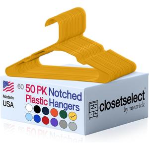 Plastic Hangers 50 Pack, Strong Space Saving Clothes Hanger, Made in USA, Perfect Shirt or Coat Plastic Hanger, with Shoulder Grooves, Scoreboard Yellow, Notched