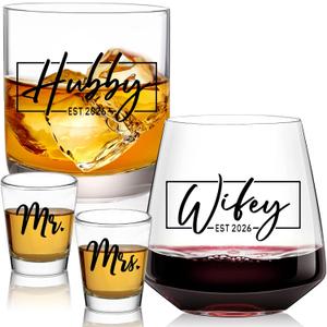 comfit Wedding Gifts 2026, Bridal Shower Gifts, Hubby & Wifey Wine&Whiskey Glass Set, His and Hers Glass, Mr and Mrs Shot Glass, Hubby and Wifey Gift, Anniversary Newlyweds Gifts for Couple