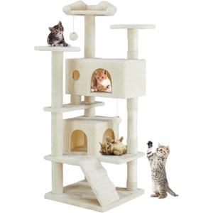 DUMOS 54-inch Indoor Cat Tree Tower Multi-Level Pet House for Large Cats with 2 Condos, Scratching Posts, Round Platform, Small Ladder, and Toys, Beige DUMOS 54-inch Indoor Cat Tree Tower Multi-Level Pet House for Large Cats with 2 Condos, Scratching Posts, Round Platform, Small Ladder, and Toys, Beige