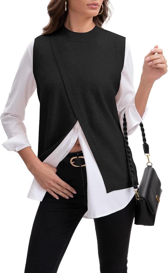 Women’s Mock Neck Sweater Vests, Sleeveless Knit Pullover Tops Casual Split Hem Shirt Trendy Going Out Outfits (Black, S)
