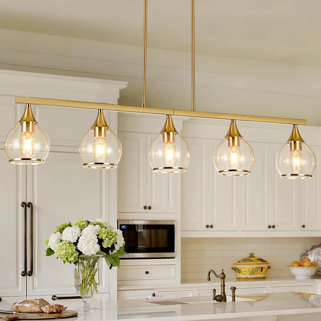 Island Light for Kitchen, 5-Light Gold Kitchen Island Linear Hanging Pendant Chandeliers, Brushed Gold Dining Room Light Fixture Over Table with Clear Round Glass Shades