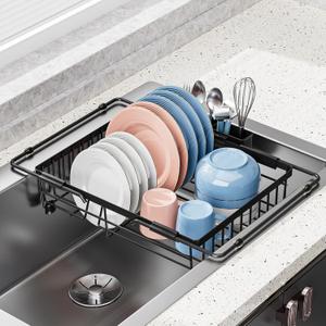 Expandable in Sink Dish Drying Rack - Adjustable Capacity Over The Sink Dish Drainer Drying Rack with Utensil Holder for Kitchen Counter, Drying Rack for Small Space,14.37-21.06L x 11.81W x 3.74D