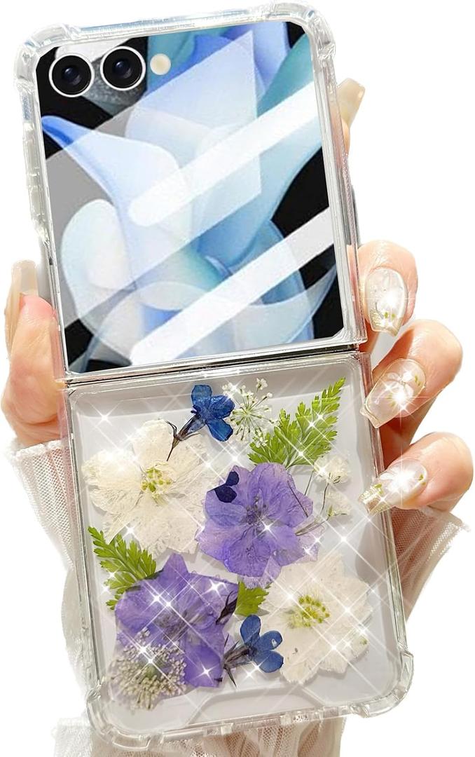 for Samsung Galaxy Z Flip 7 5G Clear Glitter Floral Case, Cute Pressed Dried Real Flowers Design Bling Sparkly Purple Floral Soft TPU Women Girls Protective Case for Galaxy Z Flip 7 5G (Blue)